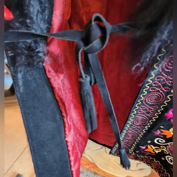 DOUBLE D RANCH Black Suede Embroidery Mongolian Lamb Fur Collar Cuffs Jacket NWT - Picture 6 of 16